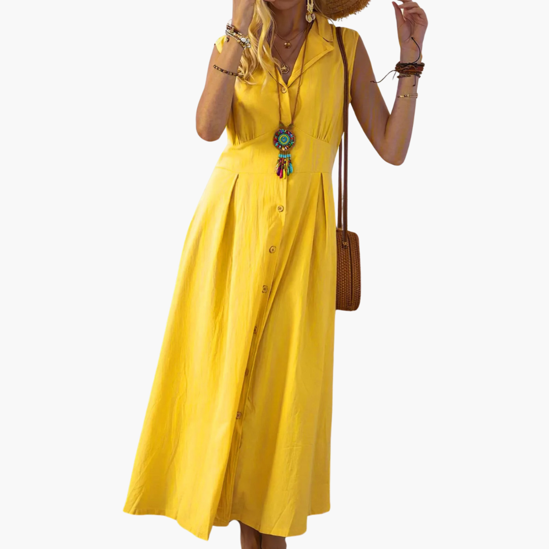 Women’s Midi Dress with Button-Down Front and V-Neck