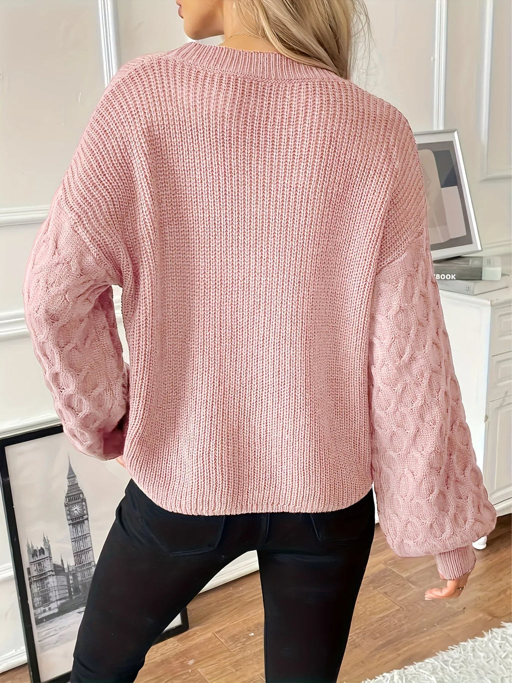 Women's Cable Sleeve Ribbed Sweater Crew Neck Relaxed