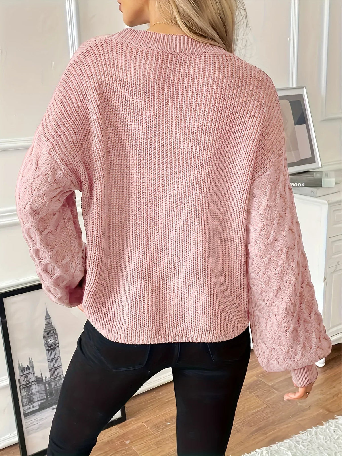 Women's Cable Sleeve Ribbed Sweater Crew Neck Relaxed