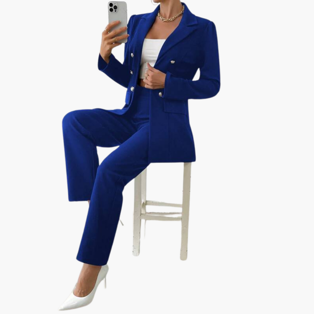 Women's Blazer Set with Notched Lapel and Straight Leg Pants