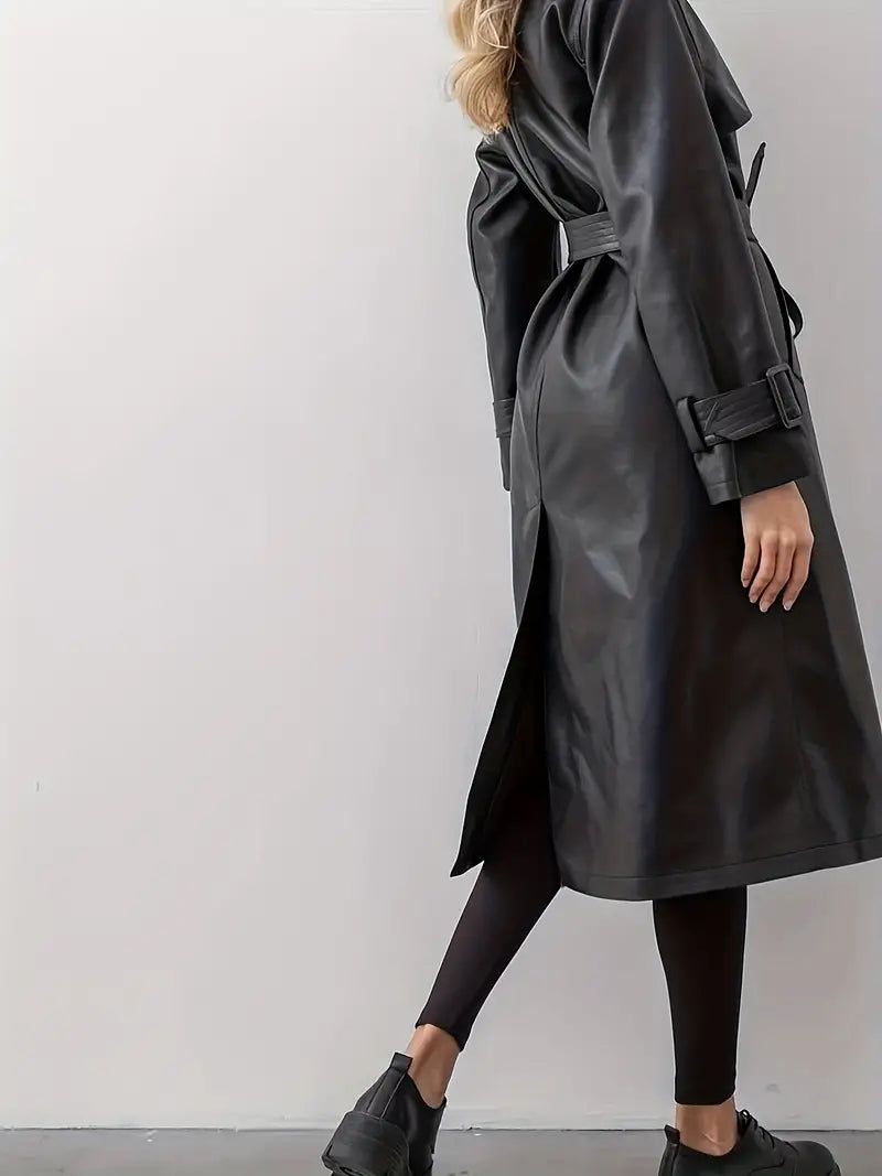 Women's Long Belted Trench Coat with Notch Collar