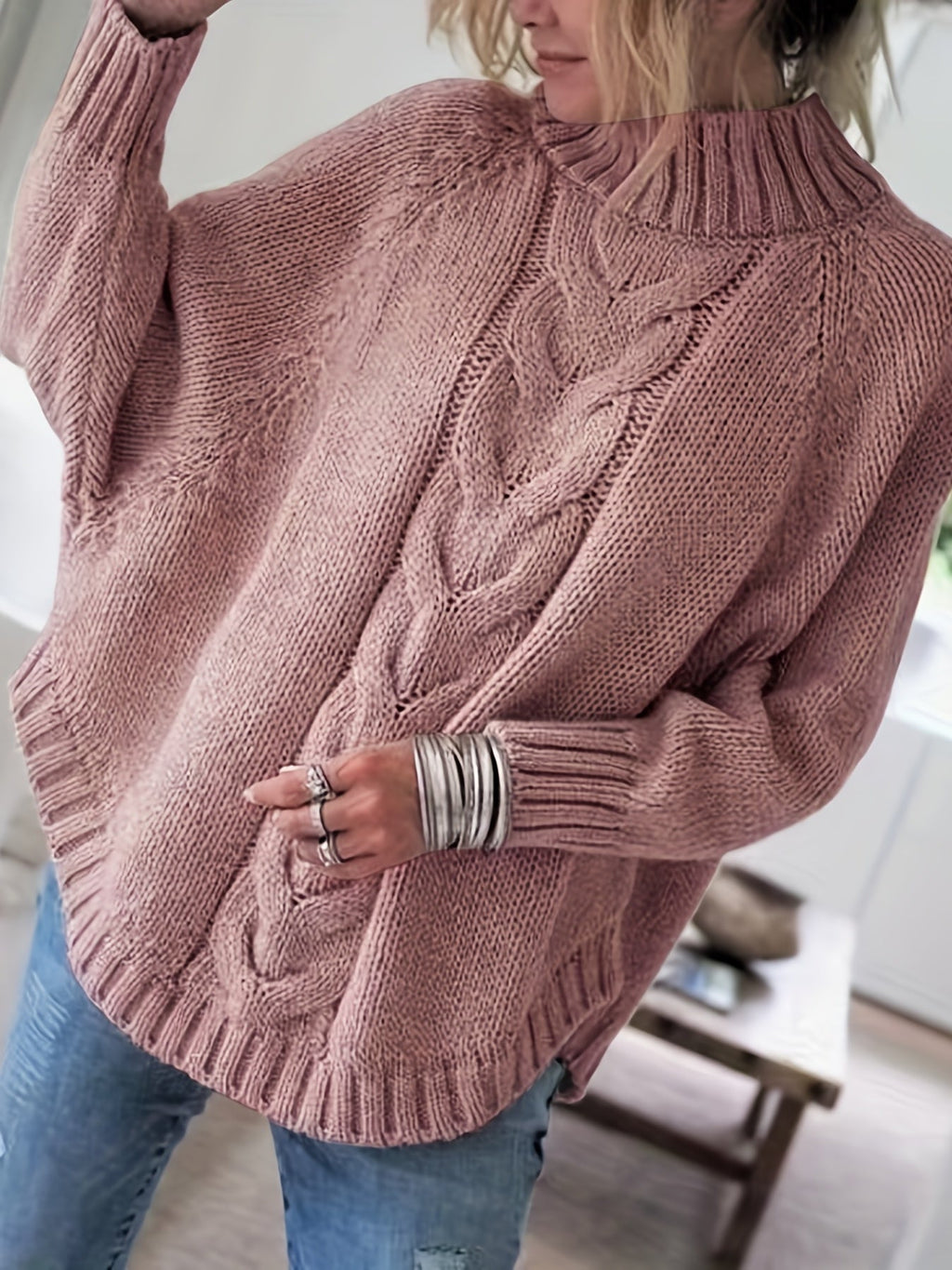 Women's Cable-Knit High-Neck Sweater Relaxed Fit