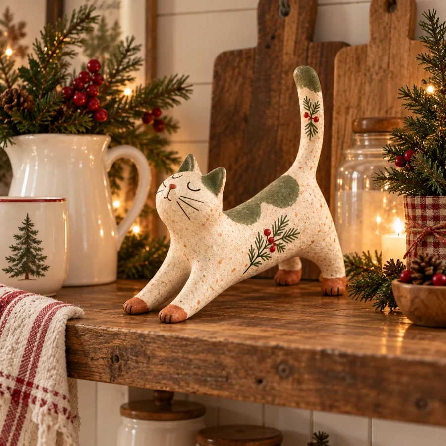 Hearthwhisk – Speckled Woodland Stretching Cat Figurine