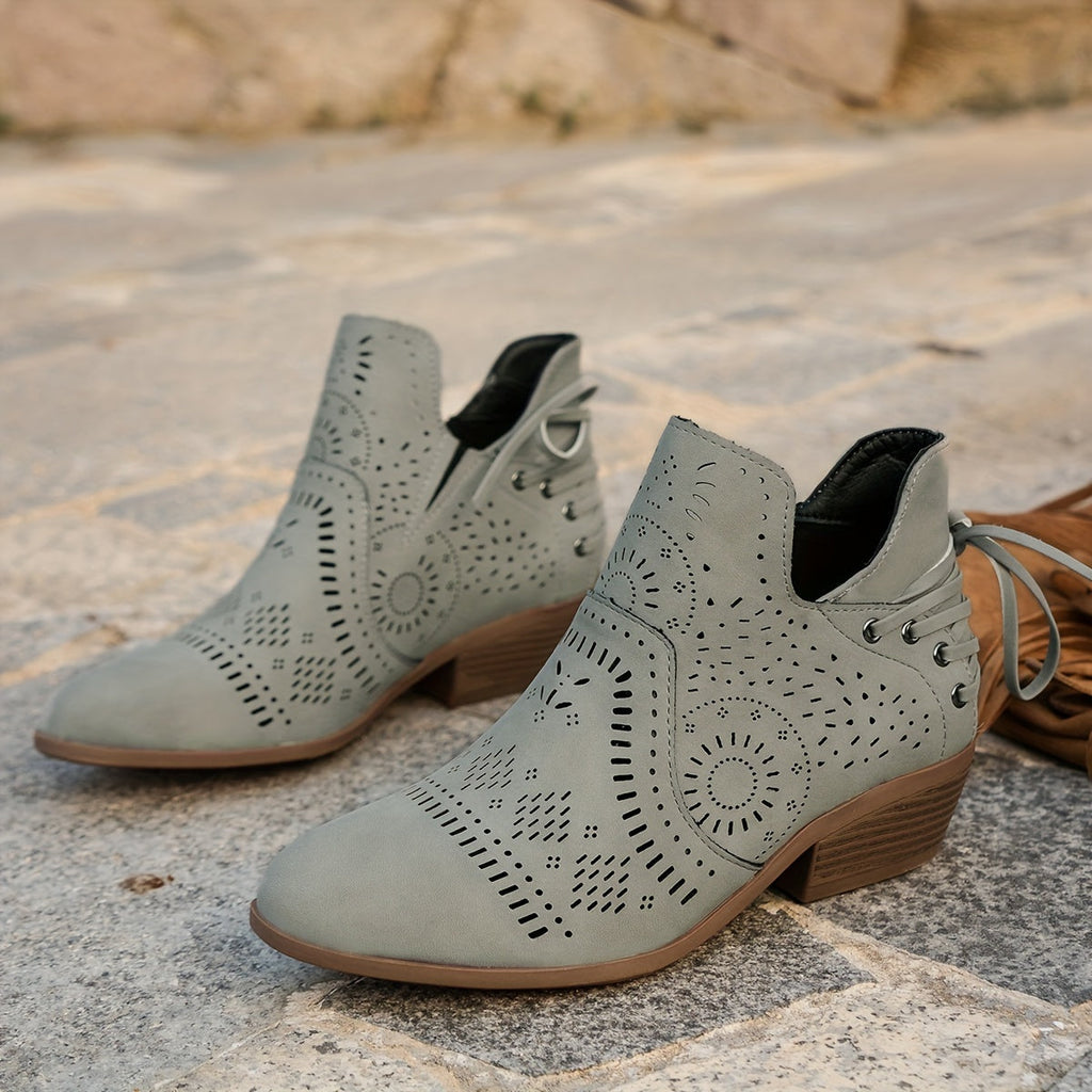 Women's Cutout Ankle Boots with Block Heel and Pointed Toe