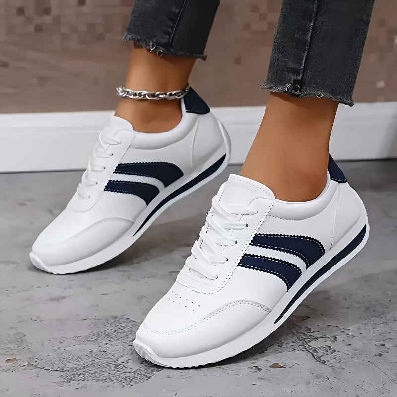 Women's White Striped Lace-Up Sneakers, Round Toe