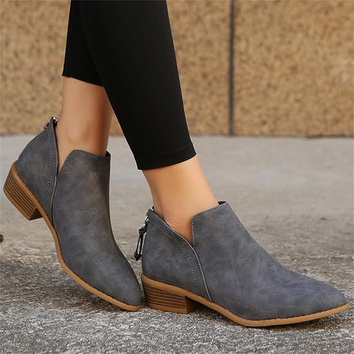 Women's Ankle Boots with Stacked Heel and Side Zipper