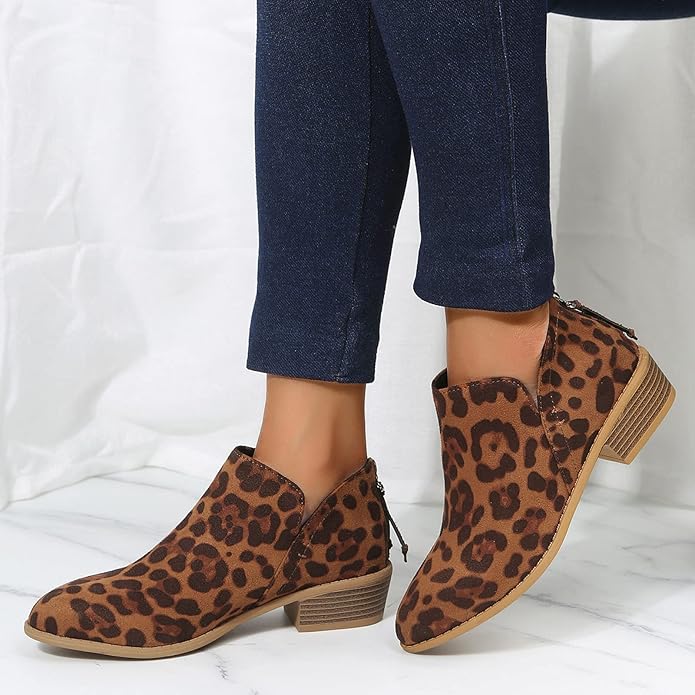 Women's Ankle Boots with Stacked Heel and Side Zipper