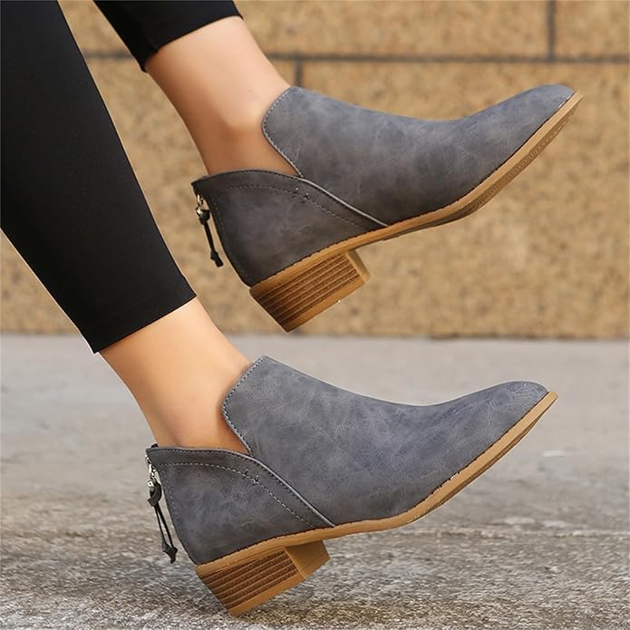 Women's Ankle Boots with Stacked Heel and Side Zipper