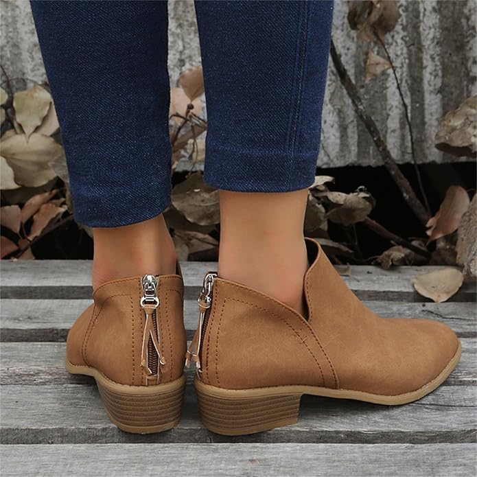 Women's Ankle Boots with Stacked Heel and Side Zipper