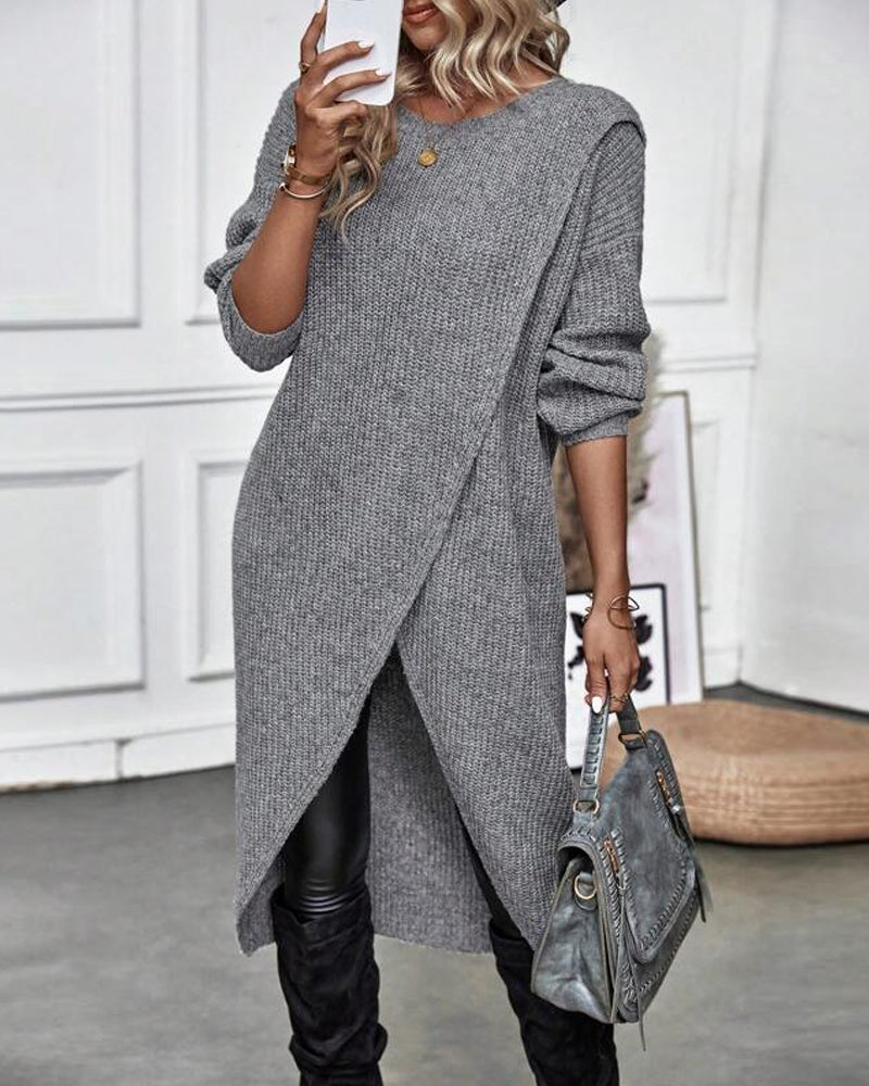 Women's Ribbed Sweater Dress Long Sleeve Knee-Length