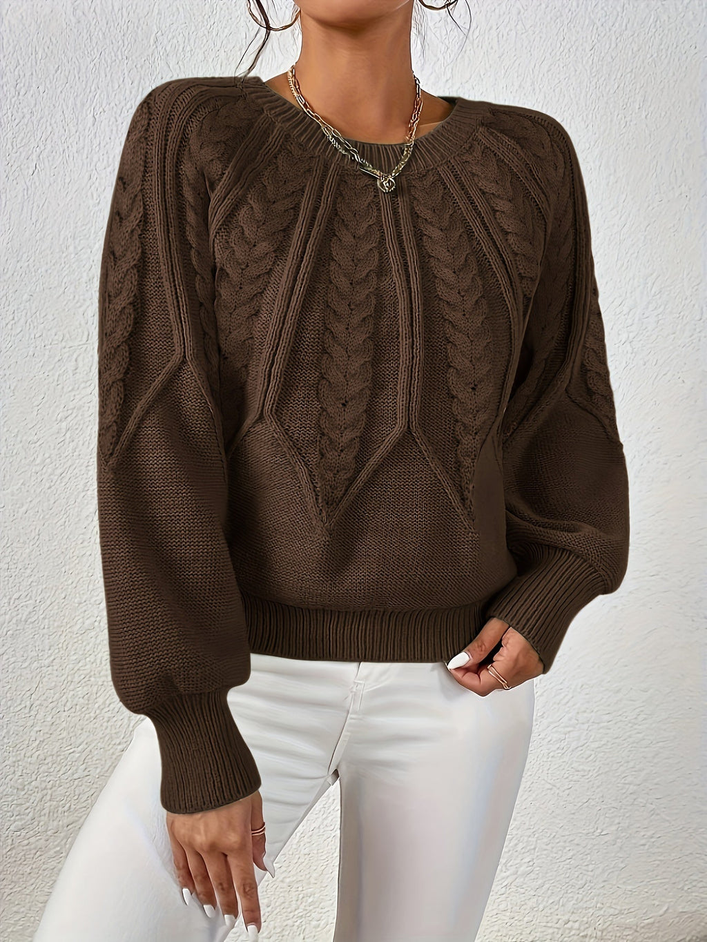 Women's Cable-Knit Raglan Sweater with Ribbed Hem