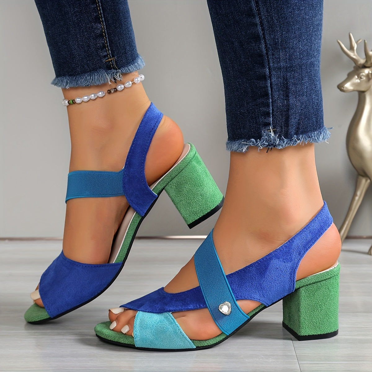 Women's Block Heel Sandals with Stretch Straps Open-Toe