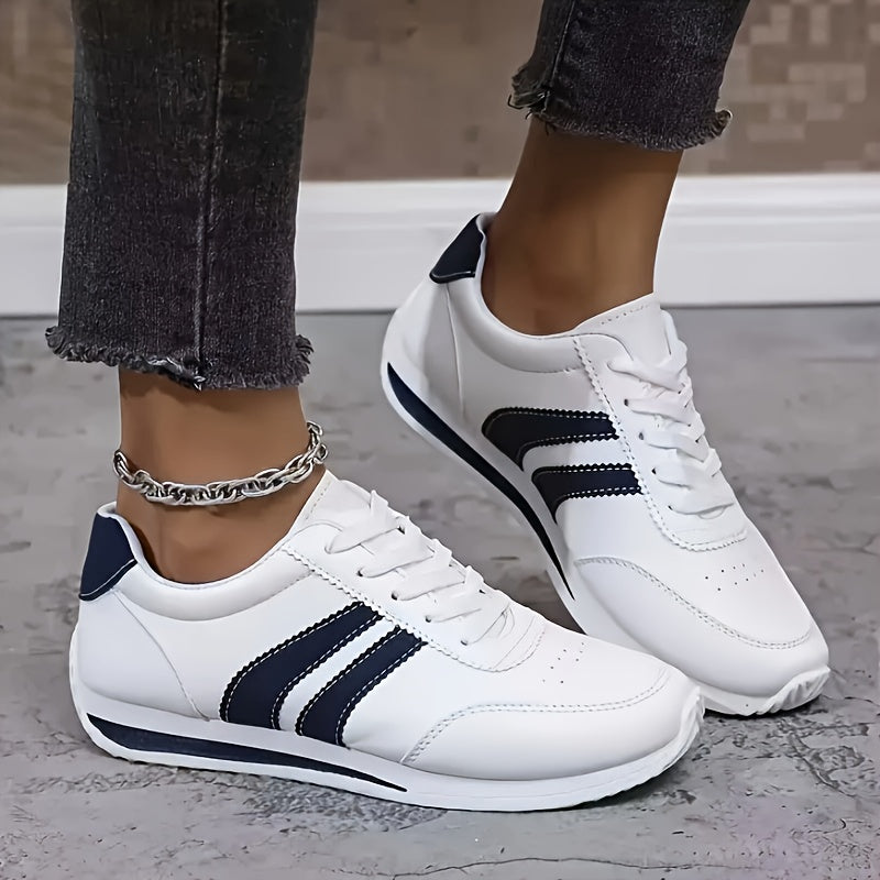 Women's White Striped Lace-Up Sneakers, Round Toe