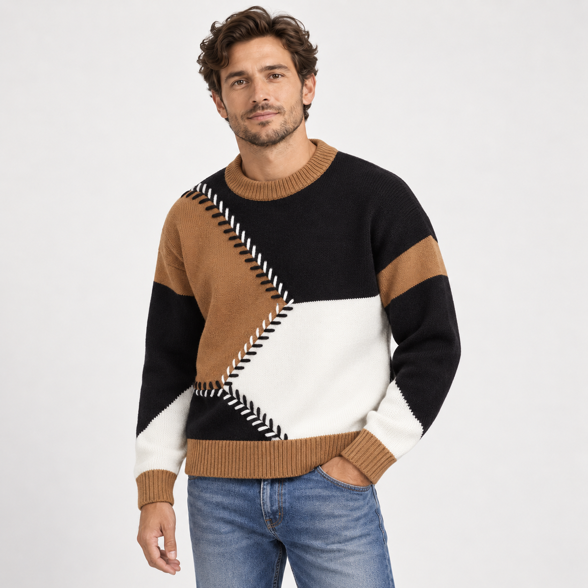 Unisex Geometric Patchwork Crew Neck Sweater, Long Sleeves