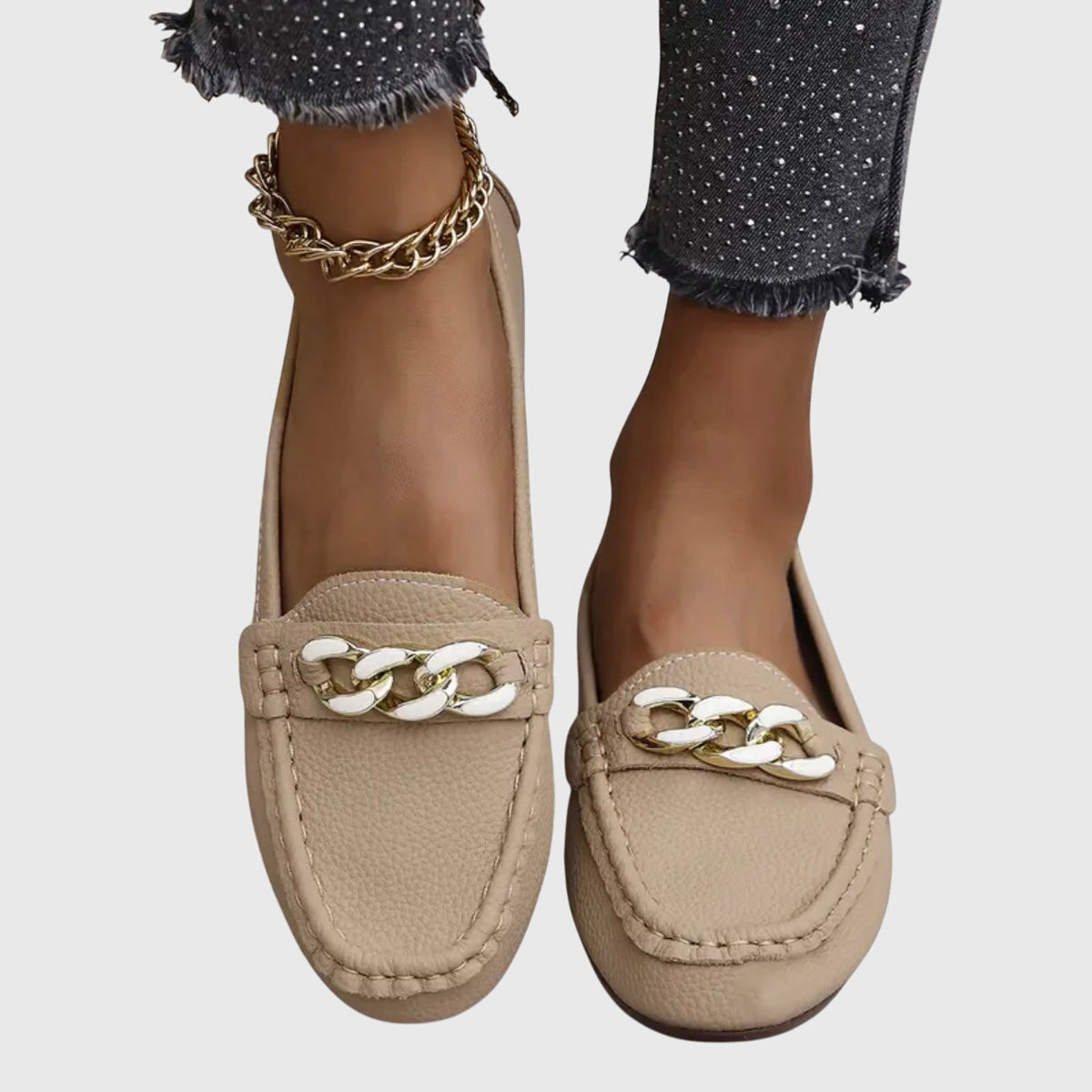 Women's Loafers with Chunky Gold Chain and Pebbled Upper Texture