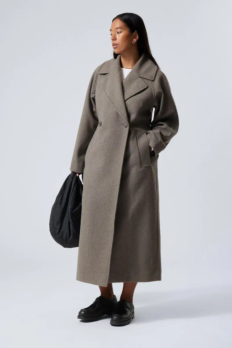 Women's Belted Long Wrap Coat with Notch Collar