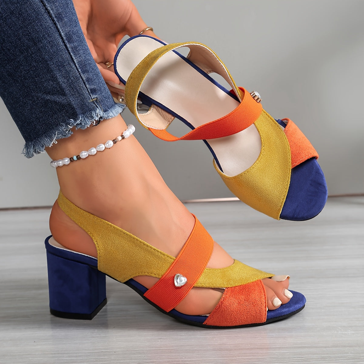 Women's Block Heel Sandals with Stretch Straps Open-Toe