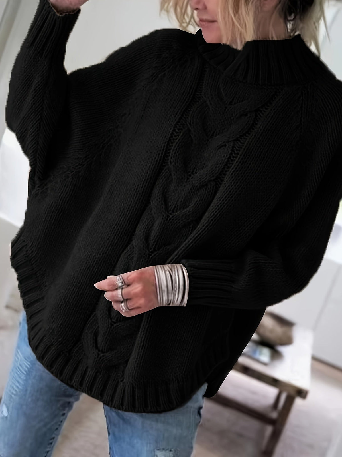 Women's Cable-Knit High-Neck Sweater Relaxed Fit