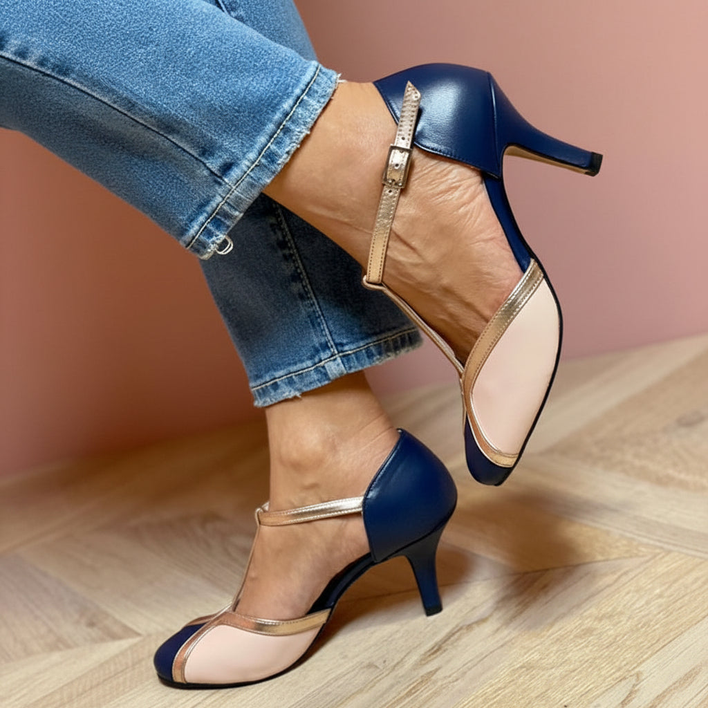 Women's Colorblock T-Strap Round-Toe Heels