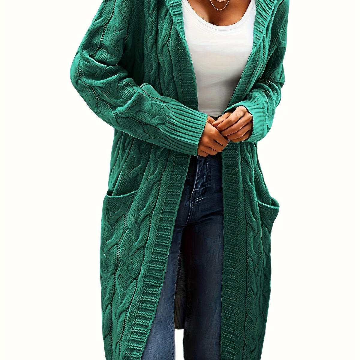 Women's Long Cable Knit Cardigan, Open Front, Long Sleeves