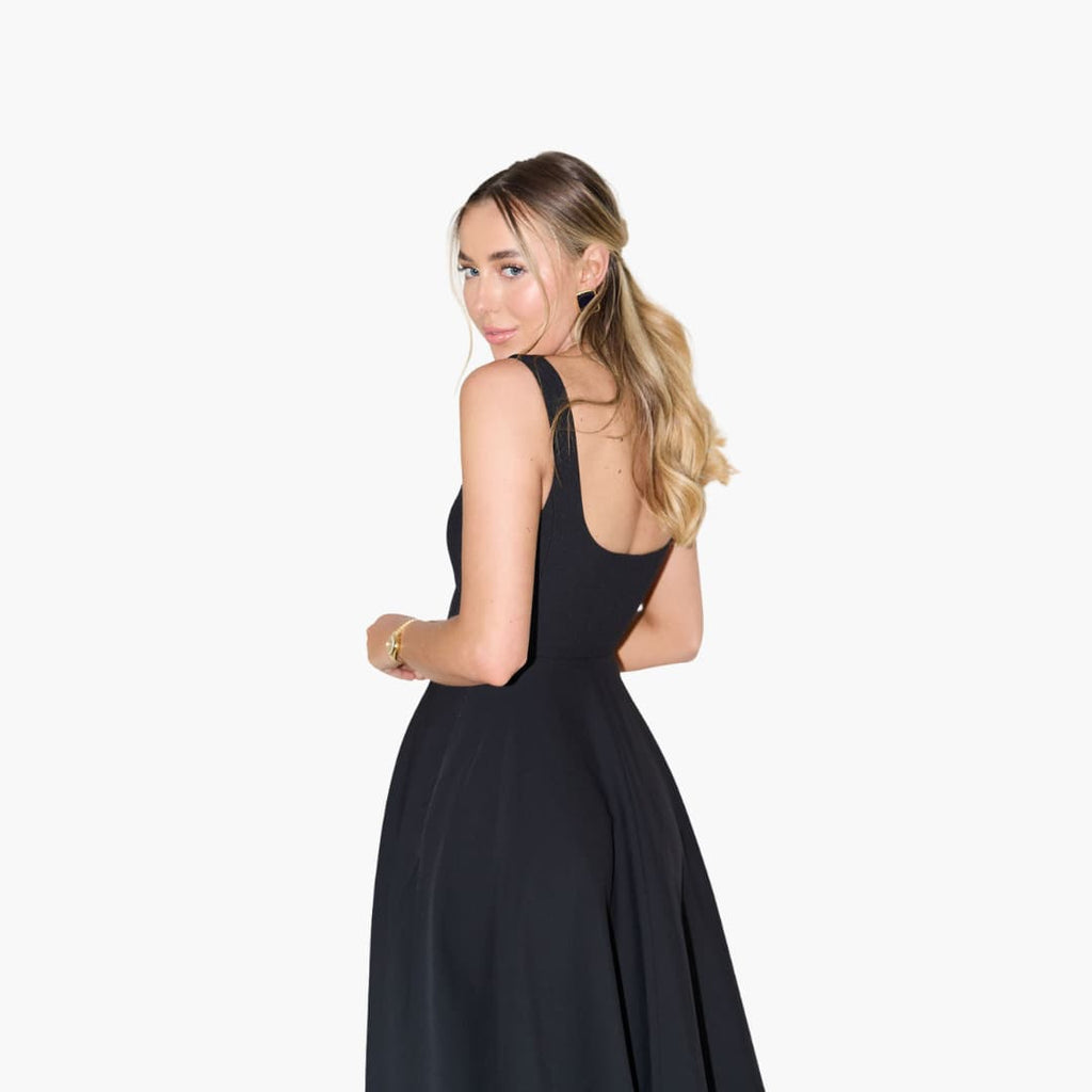 Women’s Midi Dress with Square Neckline and Flared Skirt