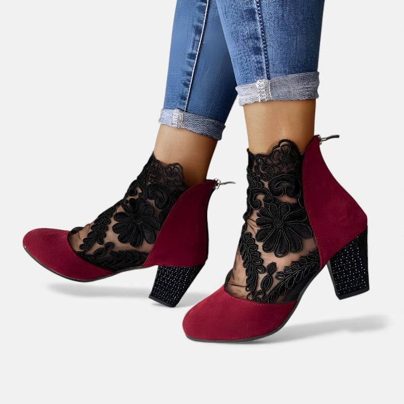 Women's Lace Overlay Ankle Boots with Block Heel