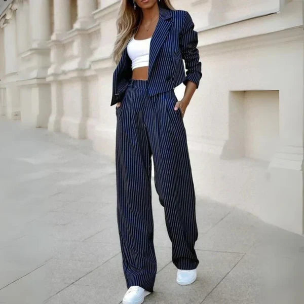 Women's Pinstripe Two-Piece Set with Wide-Leg Pants
