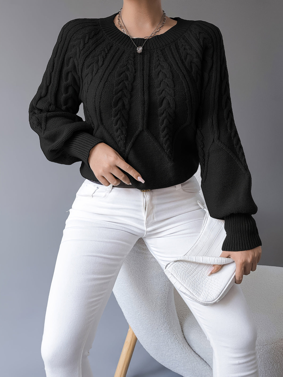 Women's Cable-Knit Sweater with Lantern Sleeves