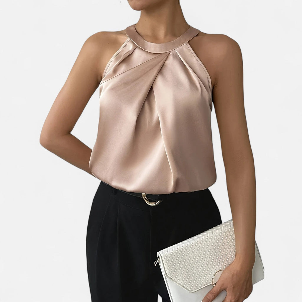 Kimberly | Women’s Elegant Pleated Front Draped Satin Tanks