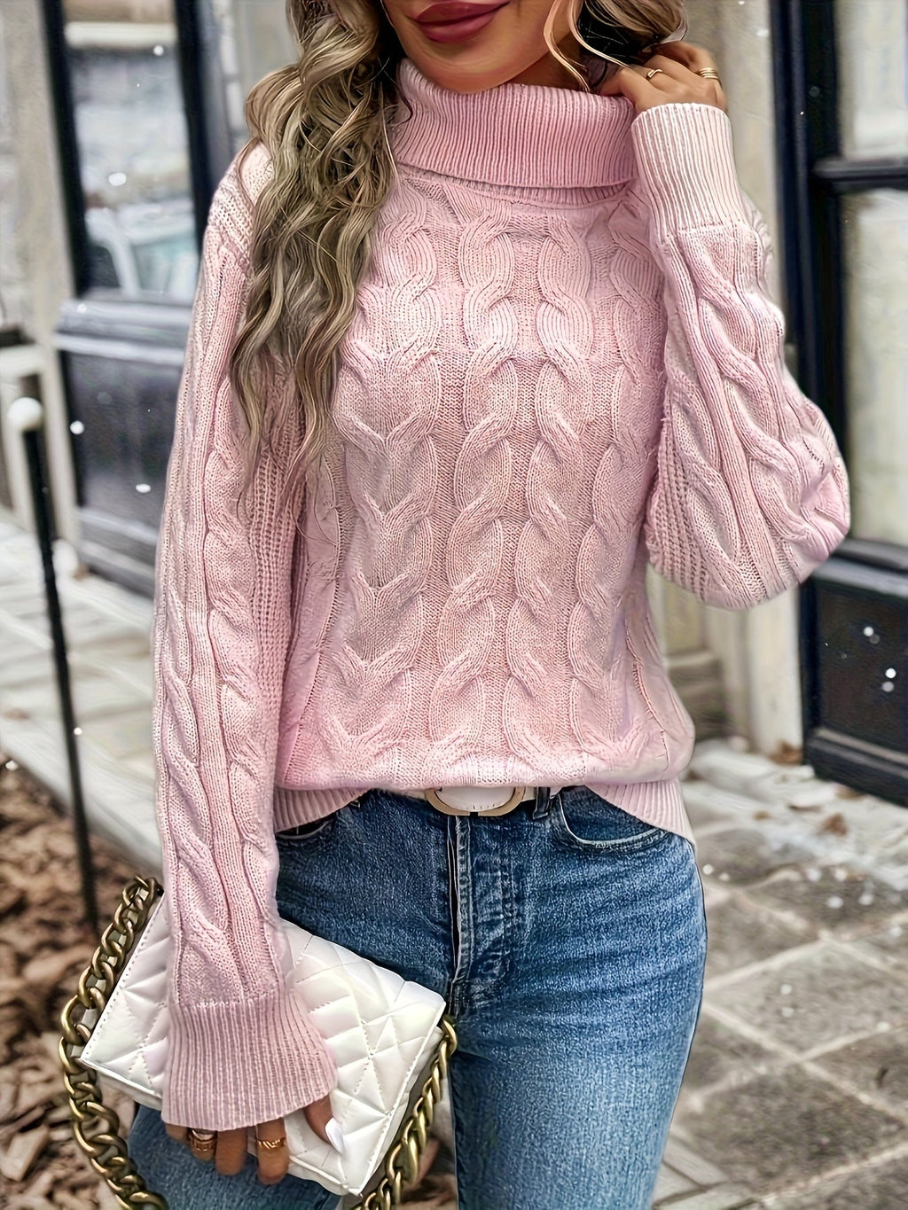 Women's Cable-Knit Turtleneck Sweater with Long Sleeves