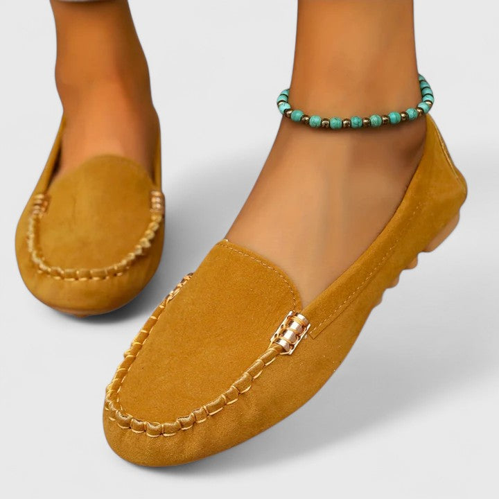 Women's Suede Loafers with Moccasin Stitching and Flat Rubber Sole