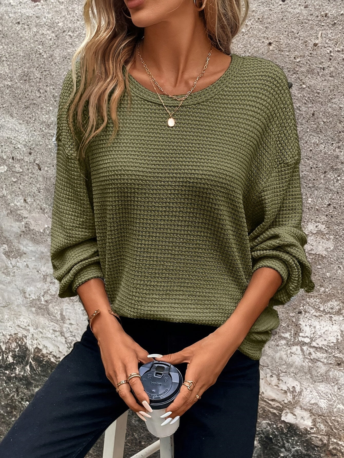 Women's Waffle-Knit Sweater Round Neck Relaxed Fit
