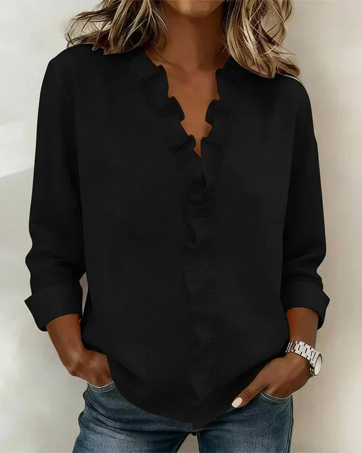 Women's Blouse with Ruffled V-Neck and Long Sleeves
