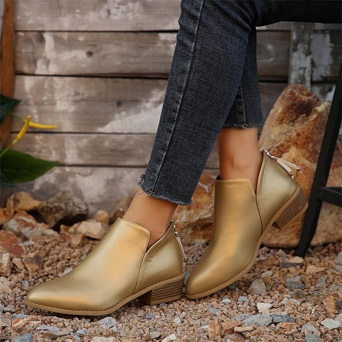 Women's Ankle Boots with Stacked Heel and Side Zipper