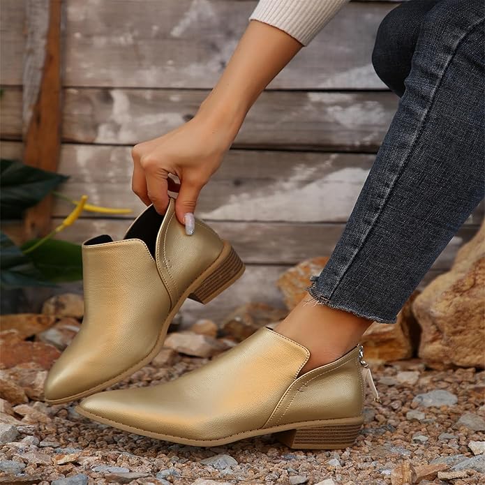 Women's Ankle Boots with Stacked Heel and Side Zipper