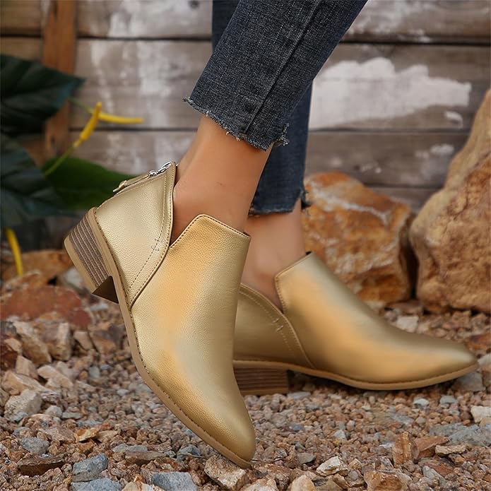 Women's Ankle Boots with Stacked Heel and Side Zipper
