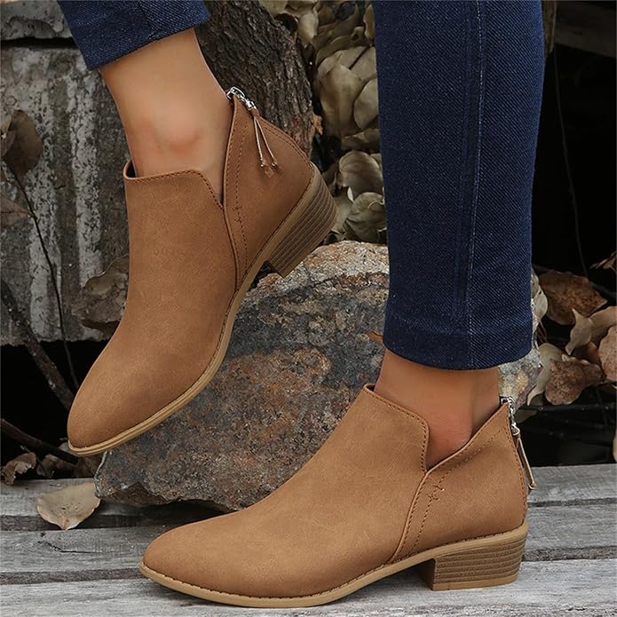Women's Ankle Boots with Stacked Heel and Side Zipper