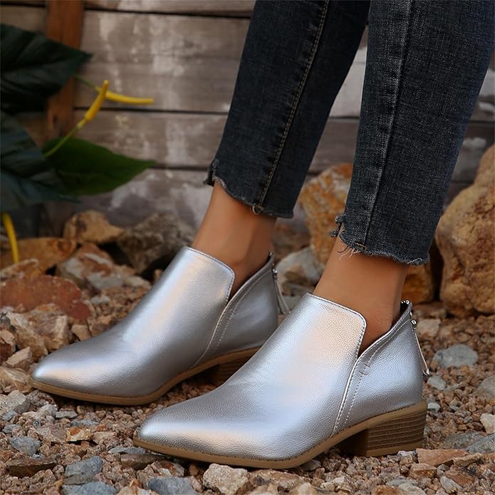 Women's Ankle Boots with Stacked Heel and Side Zipper