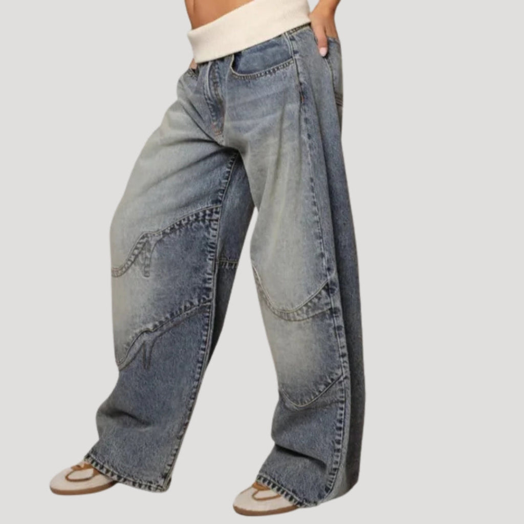 Women's Low-Rise Wide-Leg Jeans, Panelled Blue Denim