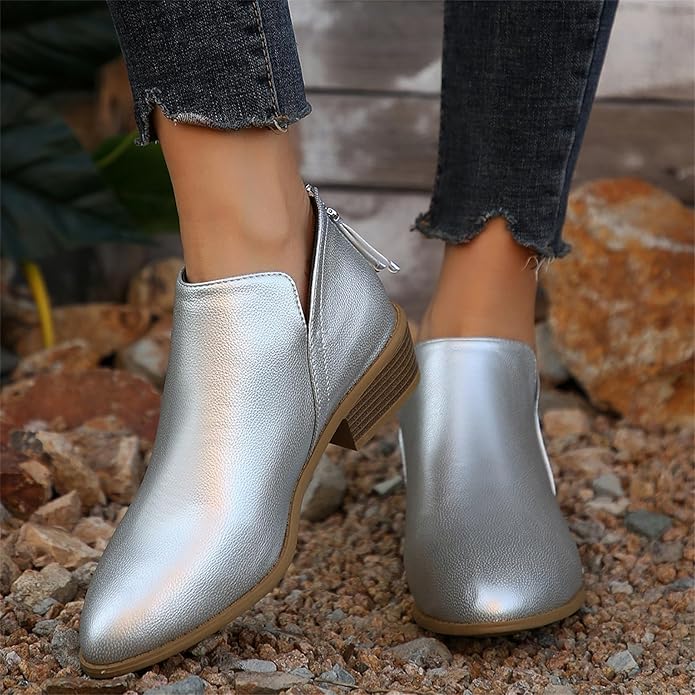 Women's Ankle Boots with Stacked Heel and Side Zipper