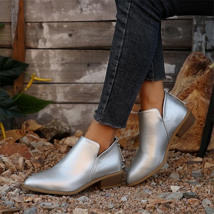 Women's Ankle Boots with Stacked Heel and Side Zipper