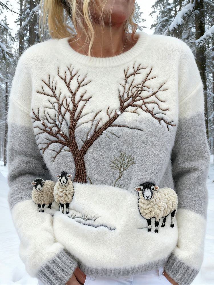 Women's Winter Scene Crew Neck Jumper, Long Sleeves, Embroidered Detail