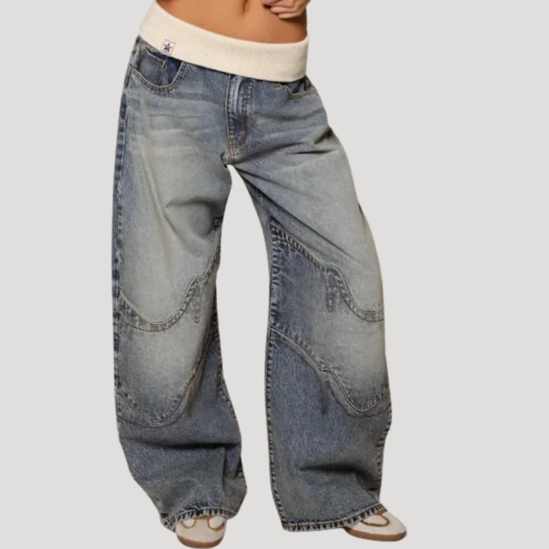 Women's Low-Rise Wide-Leg Jeans, Panelled Blue Denim