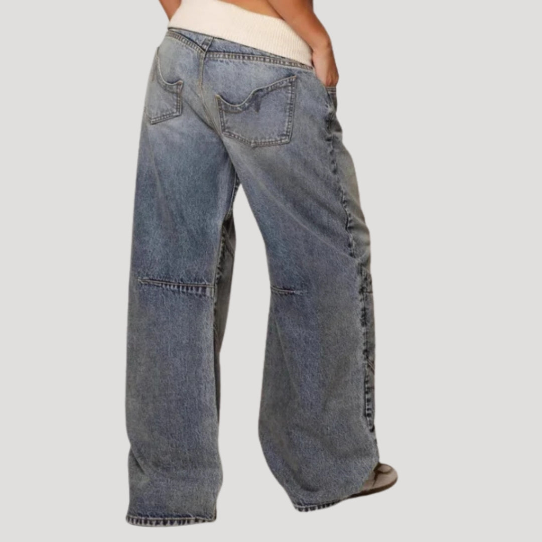 Women's Low-Rise Wide-Leg Jeans, Panelled Blue Denim