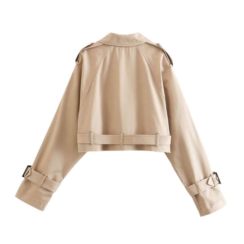Women's Belted Cropped Trench Coat with Double-Breasted Front