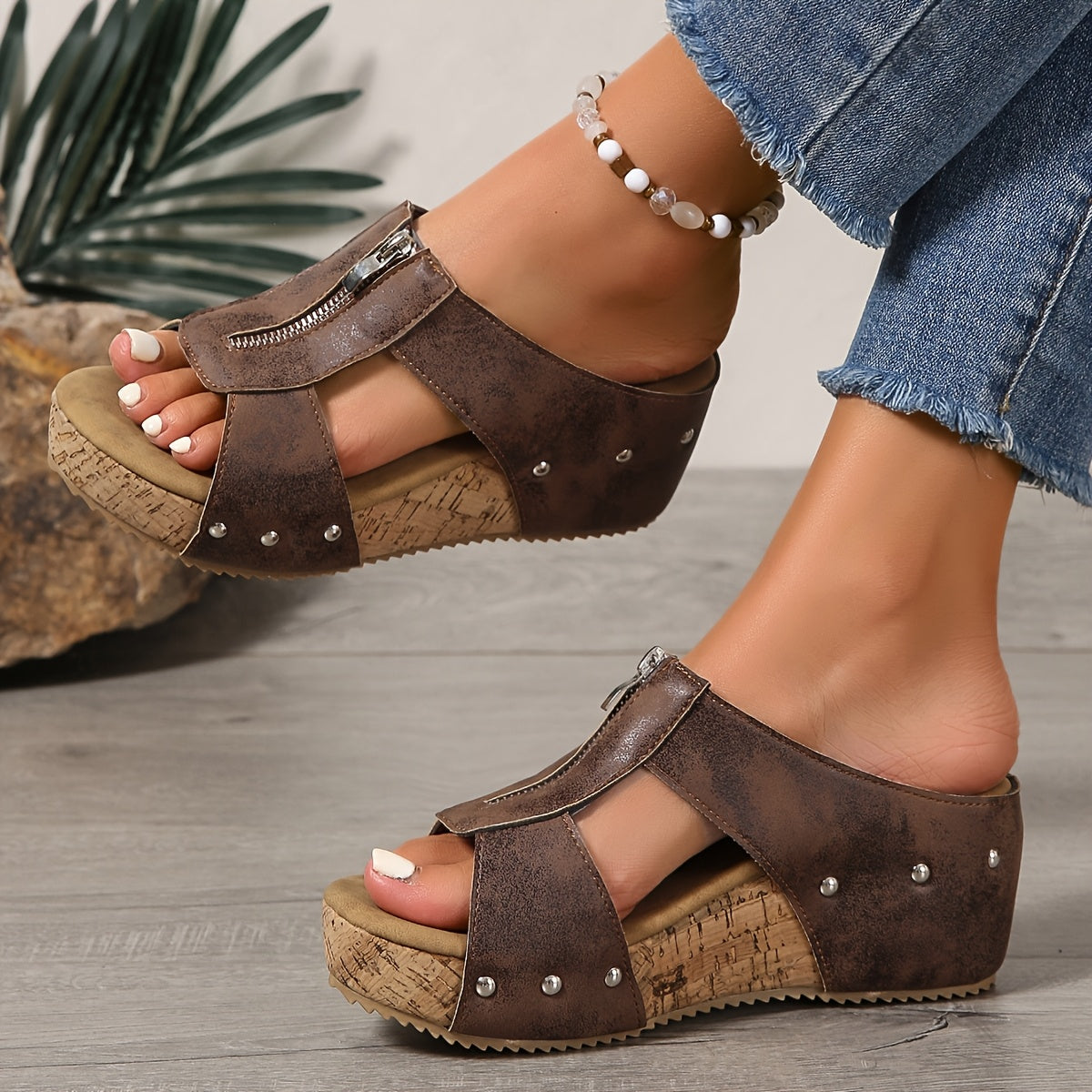 Women's Platform Slip-On Wedge Sandals with Cushioned Support and Zip Closure
