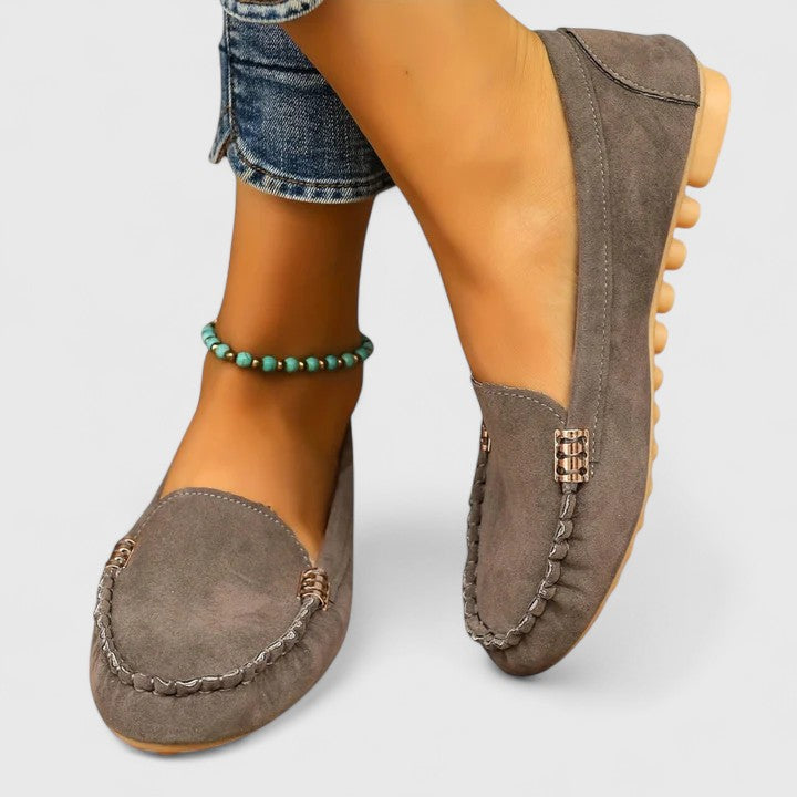 Women's Suede Loafers with Moccasin Stitching and Flat Rubber Sole