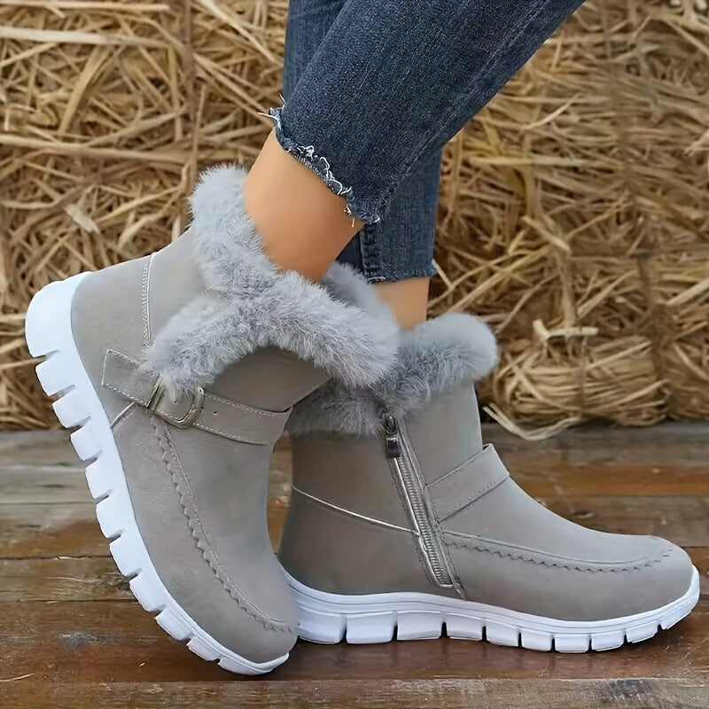Women's Faux-Fur Trim Ankle Boots with Buckle Detail