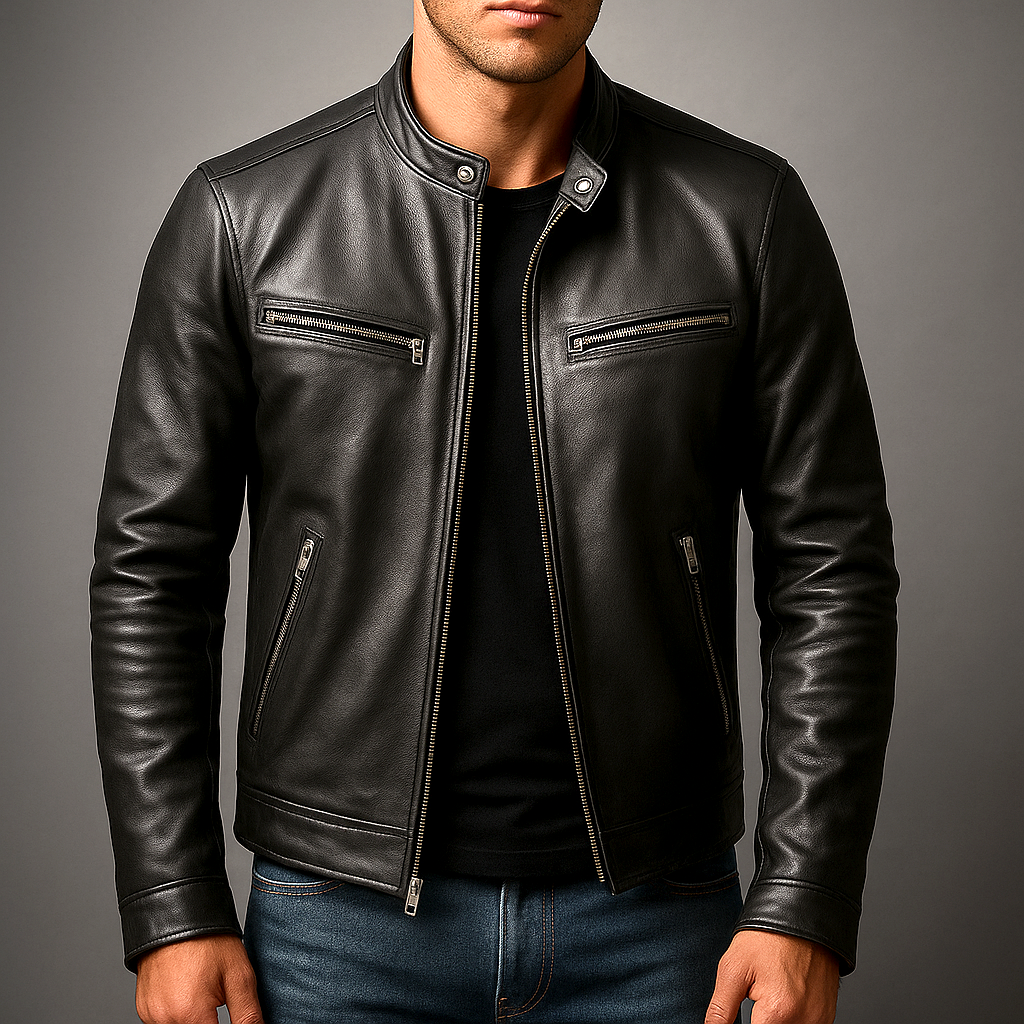 Men's Leather Jacket, Biker Style, Zip Front, Long Sleeves