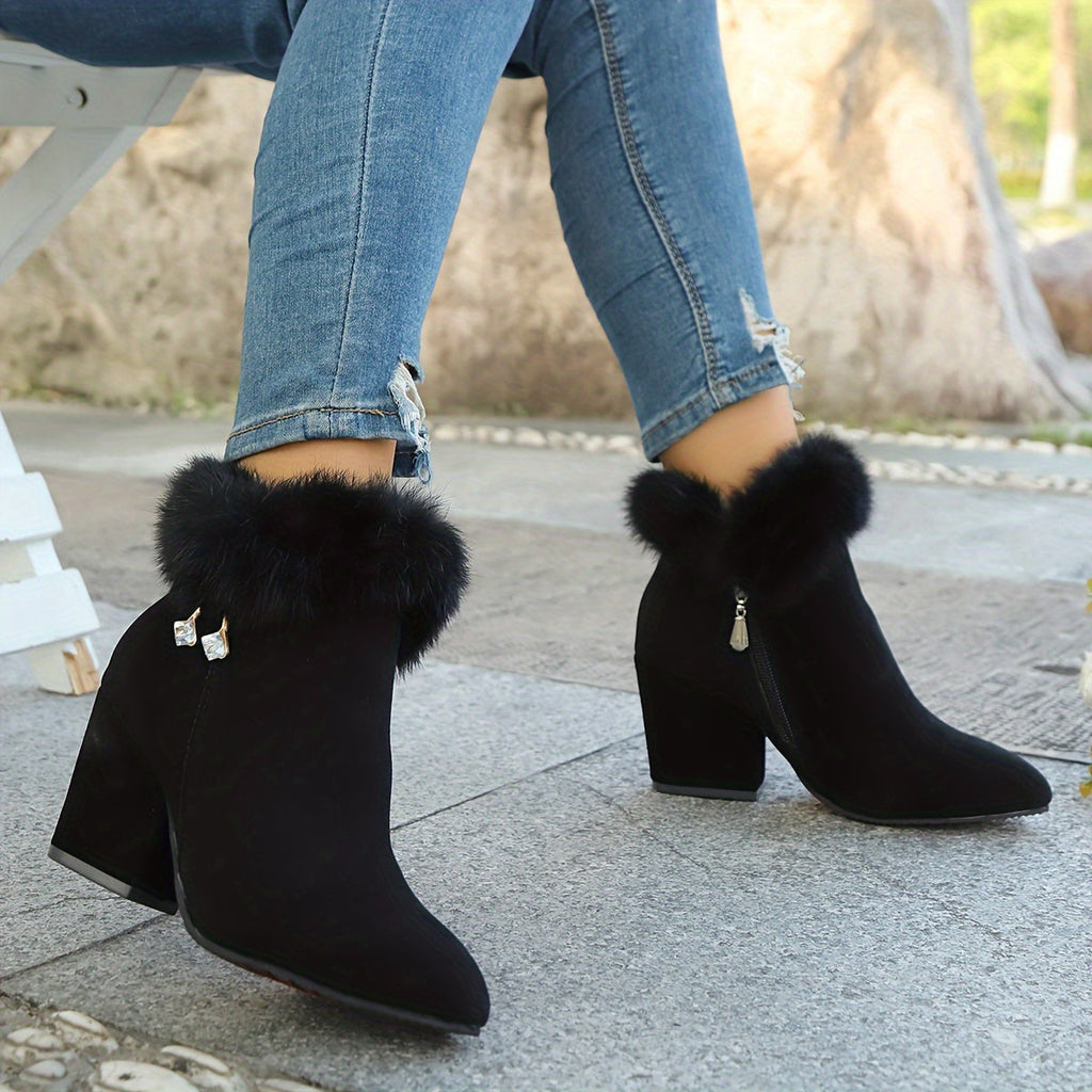 Women's Faux Fur Trim Ankle Boots with Block Heel